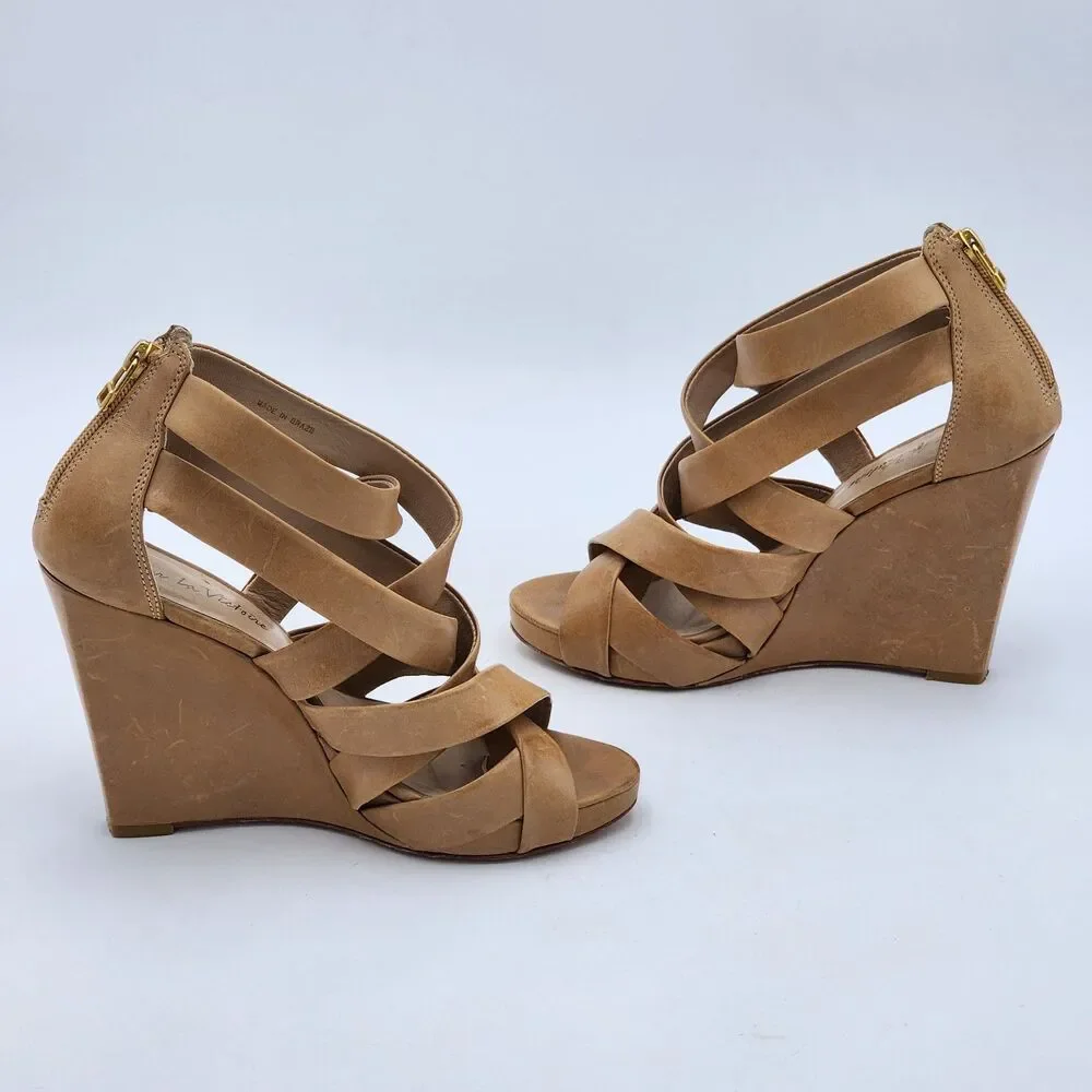 Pour La Victoire Strappy Leather Wedge Platform Heel Sandals Zipper Tan Size 7.5